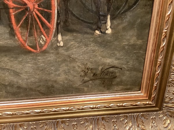 Tableau ancien du 19 éme siècle - départ de chasse