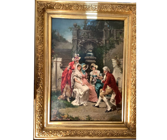 Tableau du 19ème Siècle Par Francesco Peluzo - la Discussion Galante