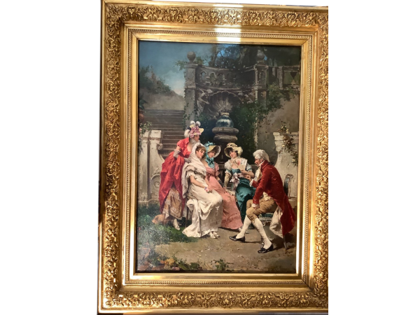 Tableau du 19ème Siècle Par Francesco Peluzo - la Discussion Galante