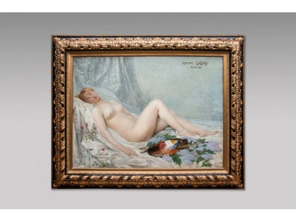 Tableau ancien par Adolf La Lyre - modèle Nu à La Palette