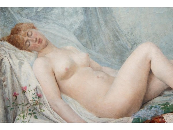 Tableau ancien par Adolf La Lyre - modèle Nu à La Palette