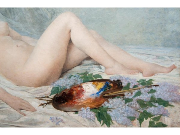 Tableau ancien par Adolf La Lyre - modèle Nu à La Palette