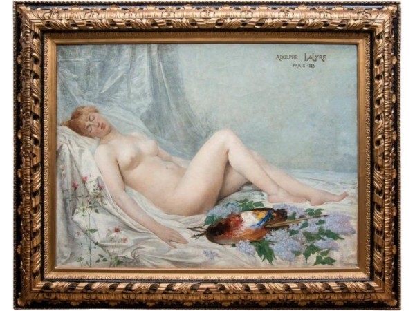 Tableau ancien par Adolf La Lyre - modèle Nu à La Palette