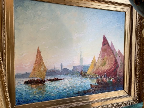 Tableau ancien par Italo GIORDANO - Le voilier dans la lagune
